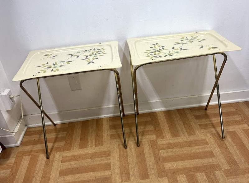 Mid Century Modern FOLDING TABLE SET Fiberglass metal stand vintage serving tv 2