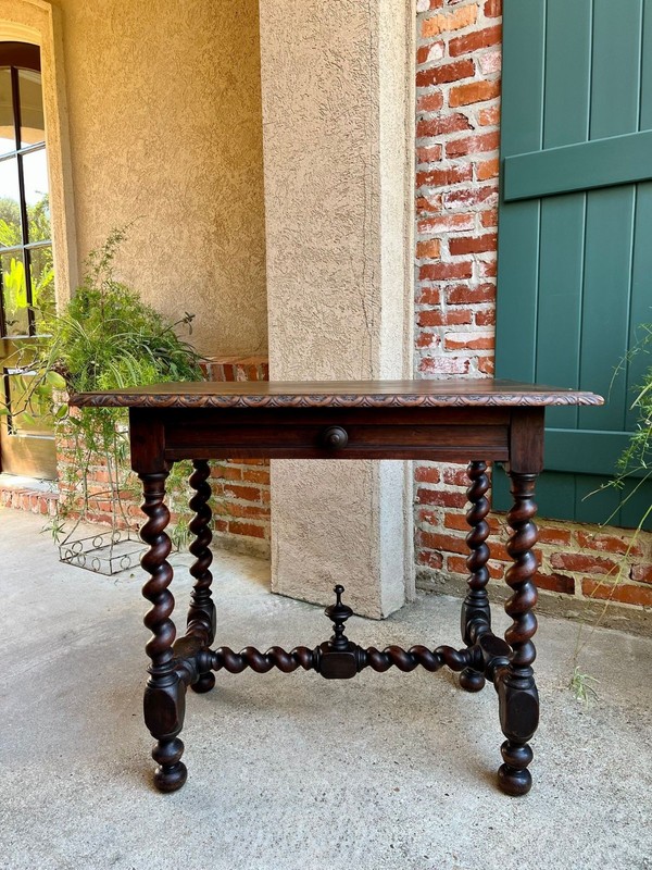 Antique English Console Table Writing Desk Jacobean Barley Twist Carved Oak gallery