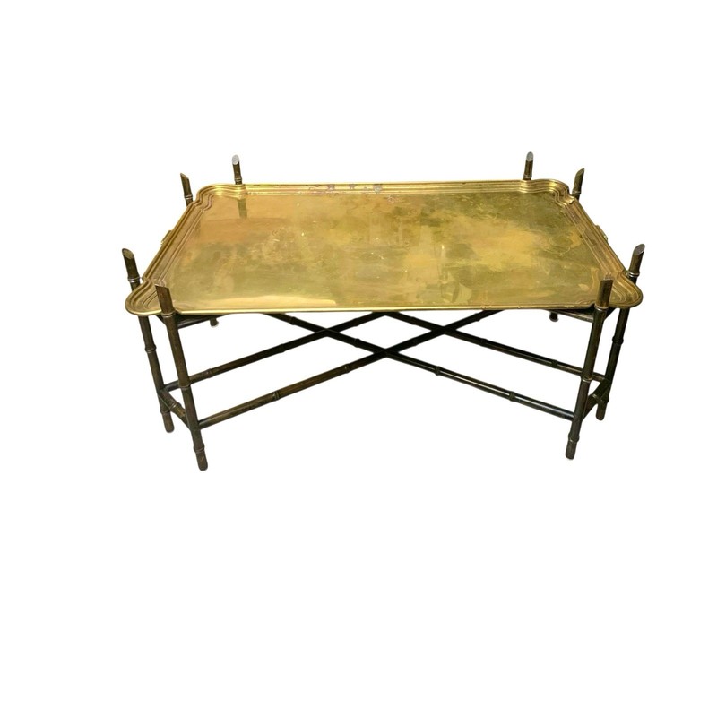 Coffee Table XL Brass Top on Wood Base Bamboo Design Vintage Chinoiserie Style