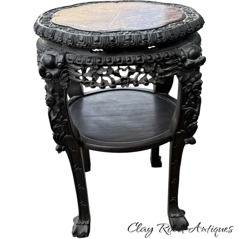 Antique large Chinese rosewood rose marble top stand center table carved 1880 gallery