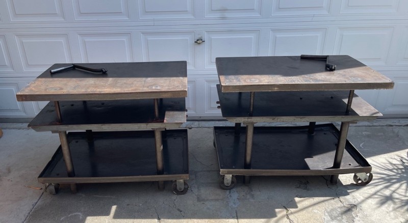 AMAZING LARGE HEAVY METAL VINTAGE INDUSTRIAL MECHANICAL TELESCOPING TABLES (2)