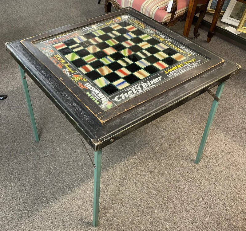 20th c Checkerboard Advertising Folding Table, Eglomise Glass Top, Marlboro MA gallery