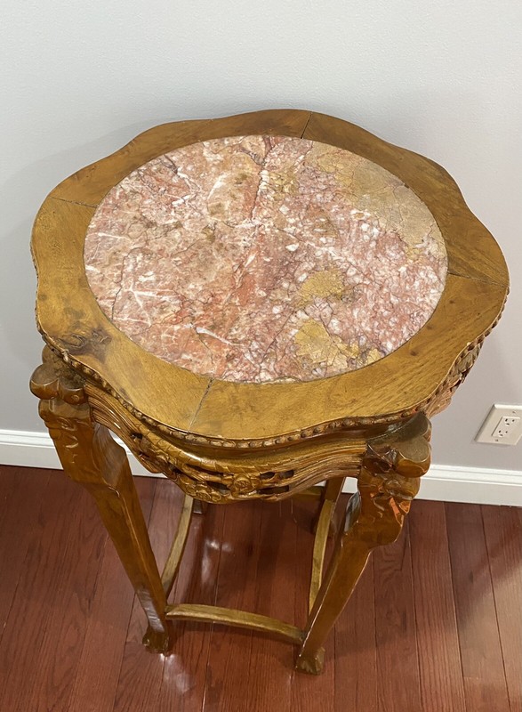 VINTAGE Large Chinese Finely Carved Wood& Marble, Round Pedestal Stand Table 36" gallery