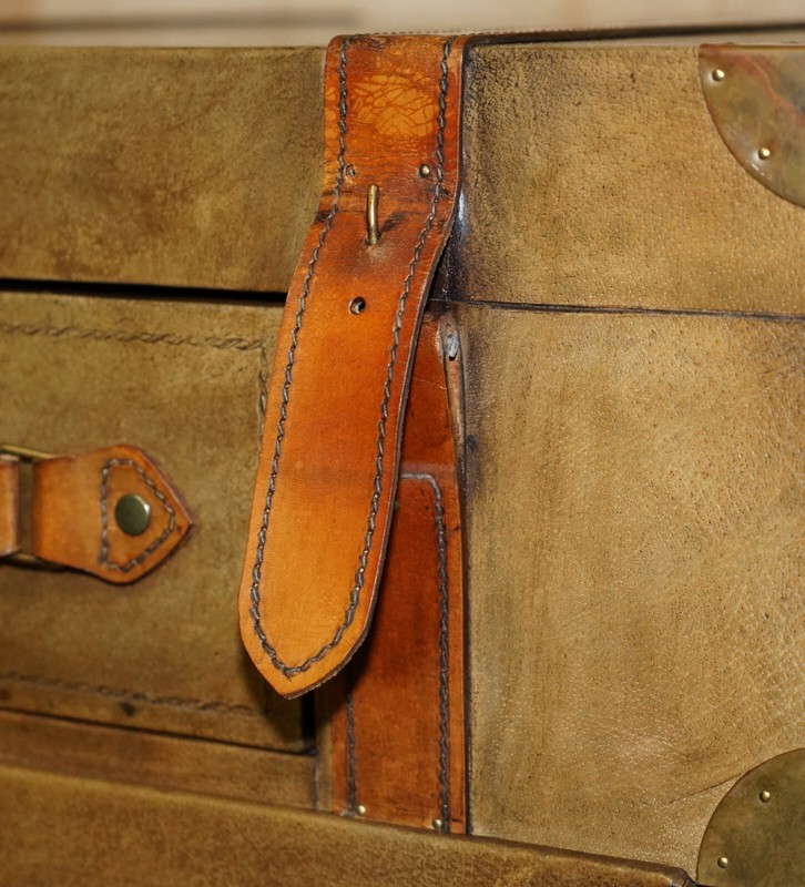 BROWN SADDLE LEATHER SUITCASE TRUNK SINGLE DRAWER COFFEE TABLE NICE DECORATIVE gallery