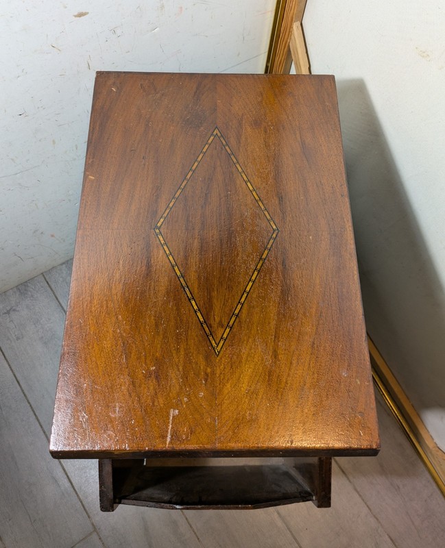 Vintage 1930s Art Deco Walnut End Side Table Magazine Rack Diamond Inlay M65 gallery