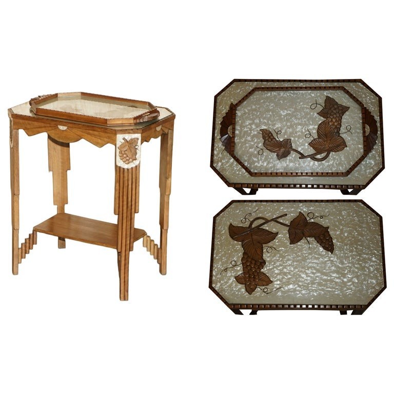 ART DECO CIRCA 1920’S MOTHER OF PEARL WALNUT TRAY TABLE WITH REMOVABLE TRAY