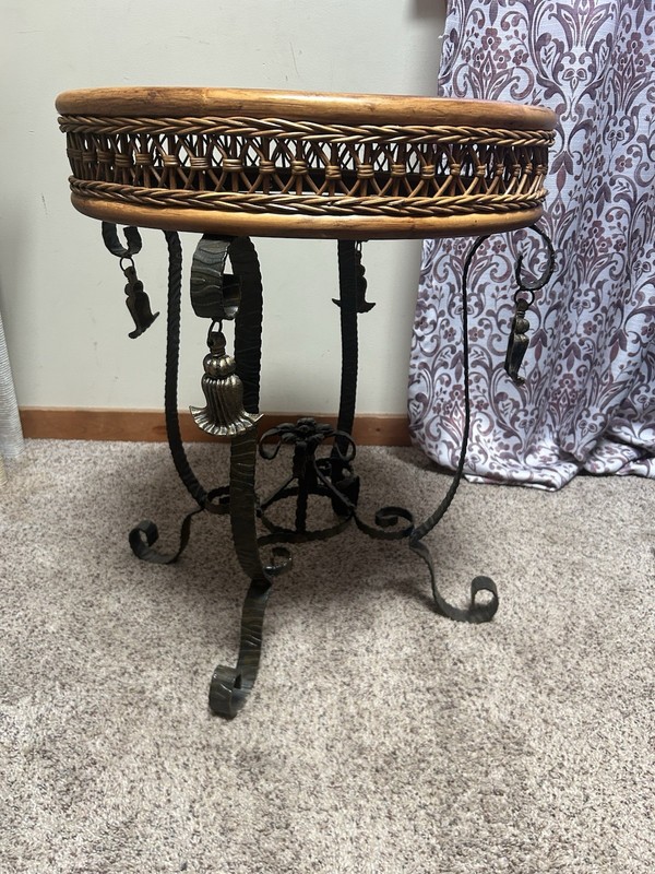 Vintage Wicker Rattan and Iron Scroll Side Table American Victorian