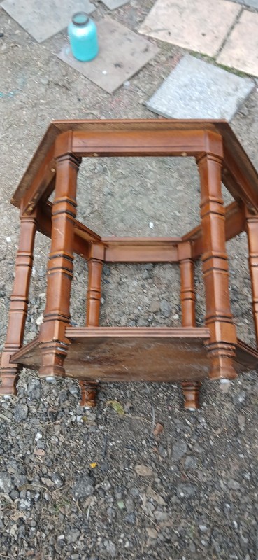 Mid-Century Modern Hexagonal Walnut Side Table With Glass Top & Cane Shelf gallery