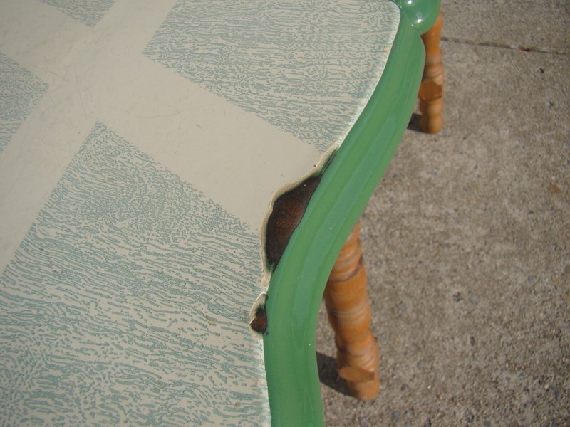 Vtg ENAMEL TOP DINING TABLE Green & Cream Porcelain Kitchen 40" x 25" + 2 Leaves gallery
