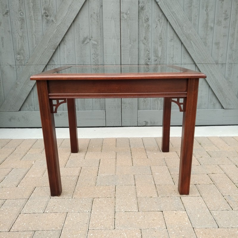 MAHOGANY CHIPPENDALE END TABLE WITH BRAND NEW GLASS TOP gallery