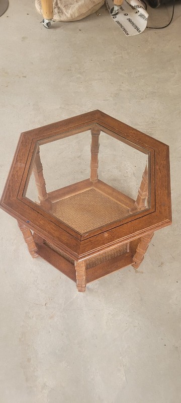 Mahogany Hexagonal Glass Top Caned Shelf