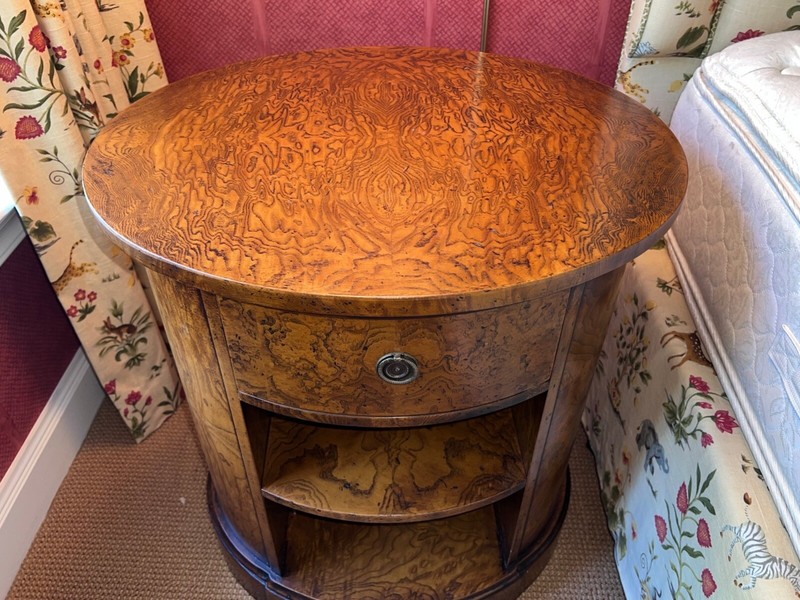George III Style Burl Walnut Oval Single Drawer Accent Side Table gallery