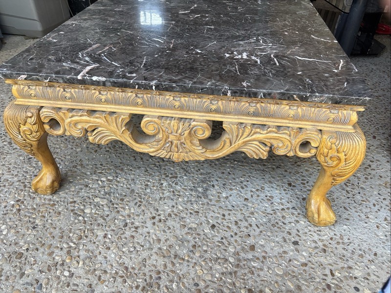 Baroque Style Marble Top Coffee Table with Ornate Carved Wood