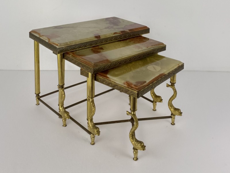 set of 3 nesting stacking tables Hollywood regency Ornate brass Fish Marble tops gallery