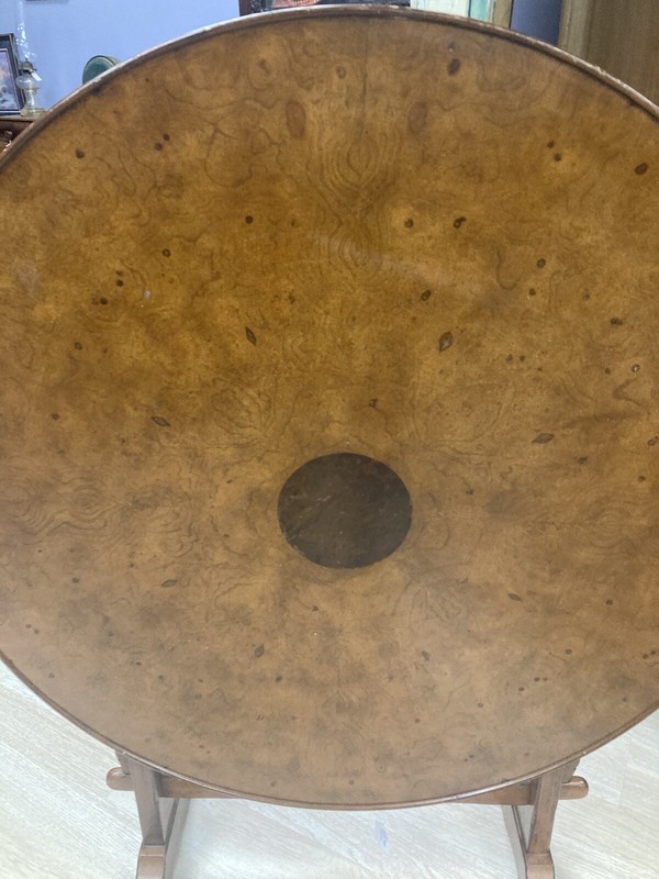 Antique tilt birdseye maple table. Quite large at 36 inch diameter.. gallery