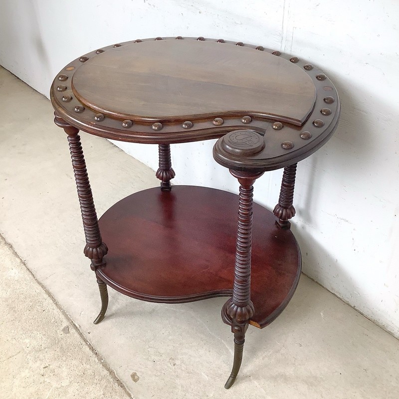 Antique Mahogany Two-Tier Kidney Table Bobbin Turned Legs Brass Sabre Feet gallery