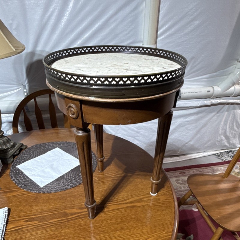 Victorian Antique Round Accent Table with Stone Top, Single Pedestal, Brown