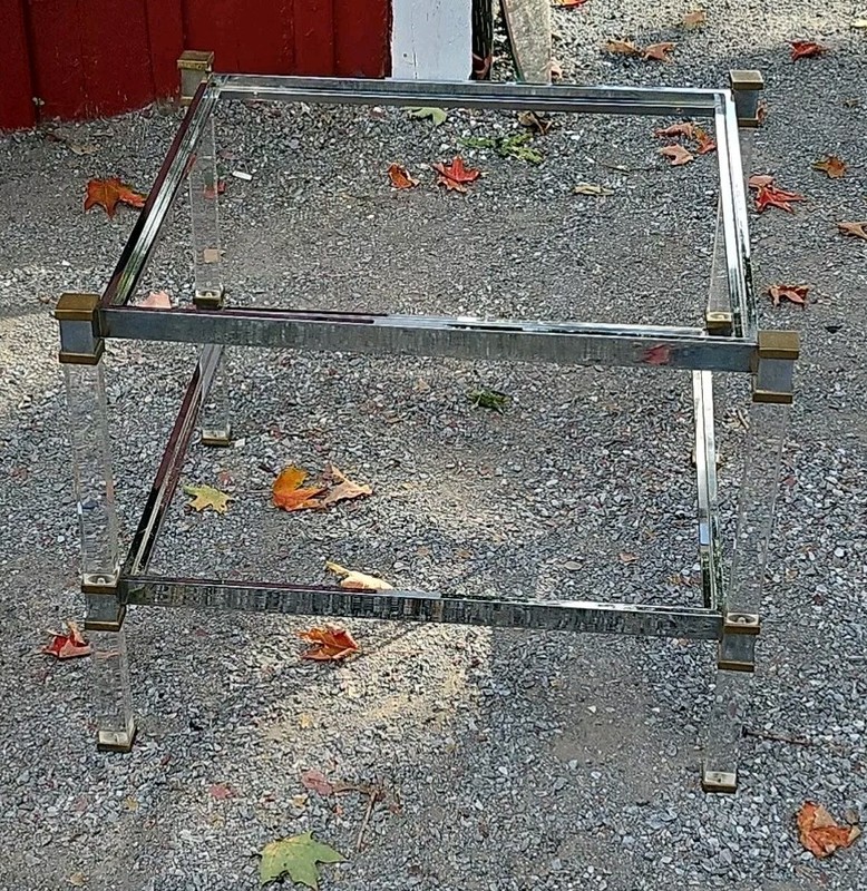 Oversized Pierre Vandel? 1970s Vintage MCM Chrome Lucite Brass Glass End Table gallery
