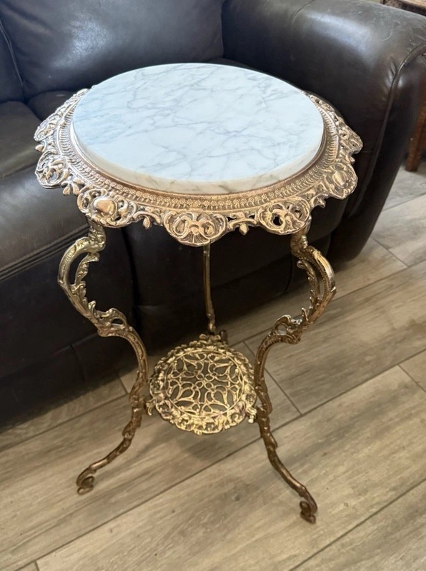 Antique French Art Nouveau Two-Tier Brass Italy Marble Plant Stand Side Table