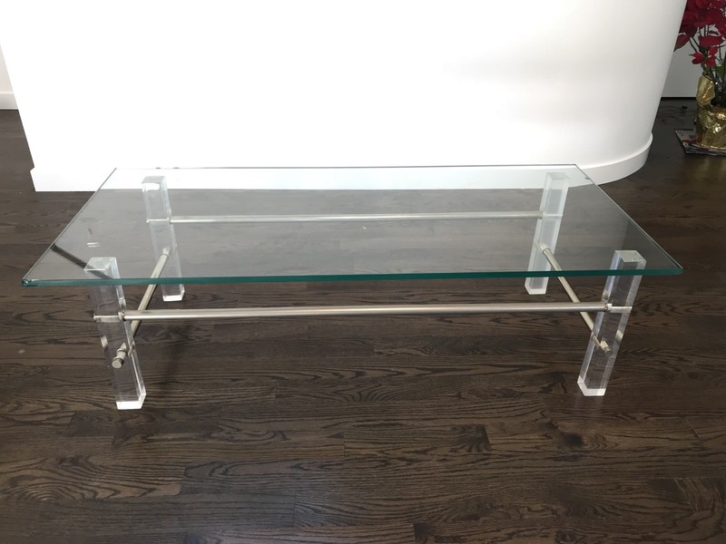 Mid Century Lucite & Metal Frame Rectanglular Glass Coffee Table gallery