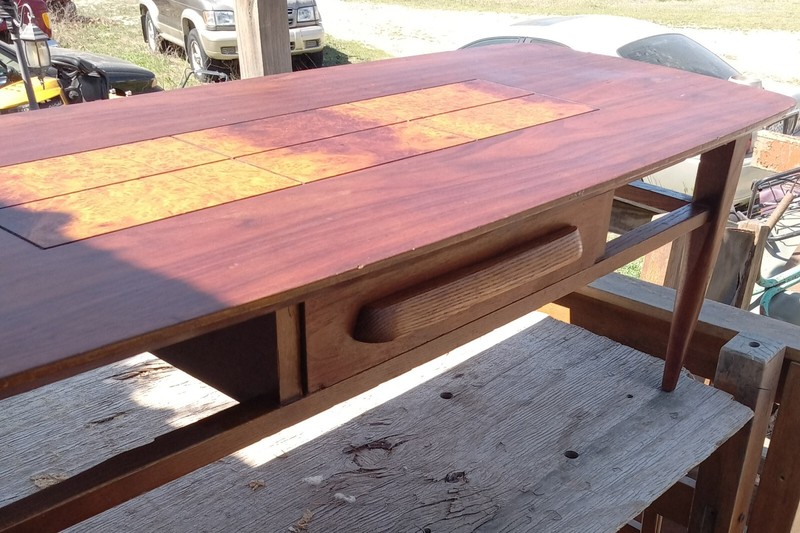 Mid Century Inlaid Coffee Table With Push Pull Drawer by Stanley (RP-CT419)