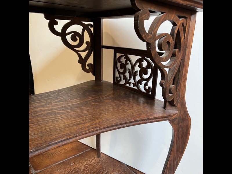 antique tiger oak end table lamp table accent table scroll cutout detail gallery