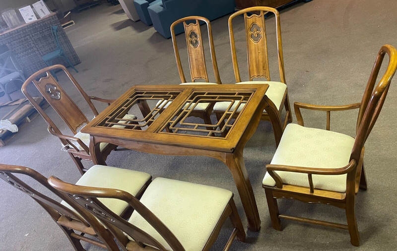 THOMASVILLE Mystique Asian Chinoiserie Ming Fretted Dining Table w/6 Chairs Rare