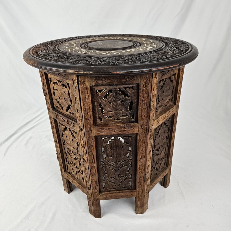 Vintage MCM Carved Octagon Folding Teak Wood Table Plant Stand Moroccan Boho
