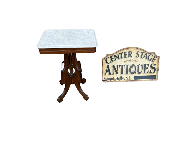 66778 Antique Victorian Walnut Marble Top Lamp Table Stand
