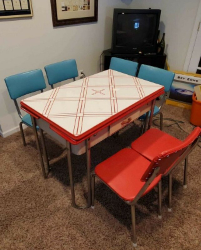 Retro 50s Table Chairs Set Red White Blue Enamel Top Extra Leafs Pick Up Only