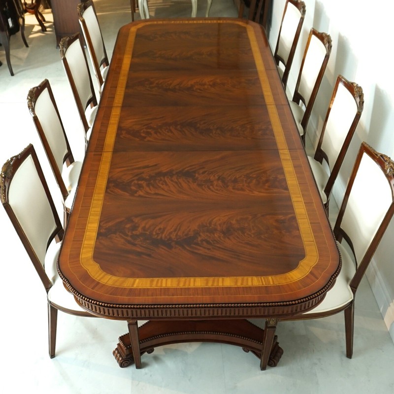 10' heavy skirted flamed mahogany 2 pedestal formal dining table gallery