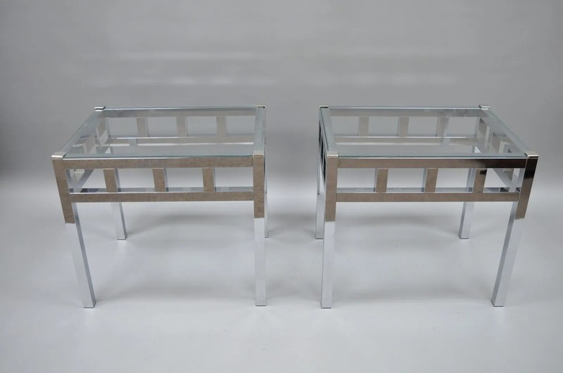 Mid Century Modern Baughman Style Chrome & Glass Rectangle Side Tables - a Pair gallery