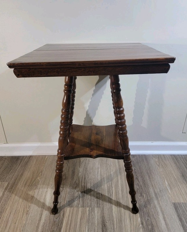 Antique Rustic Oak Victorian Turned Spool Leg 2 Tier Table