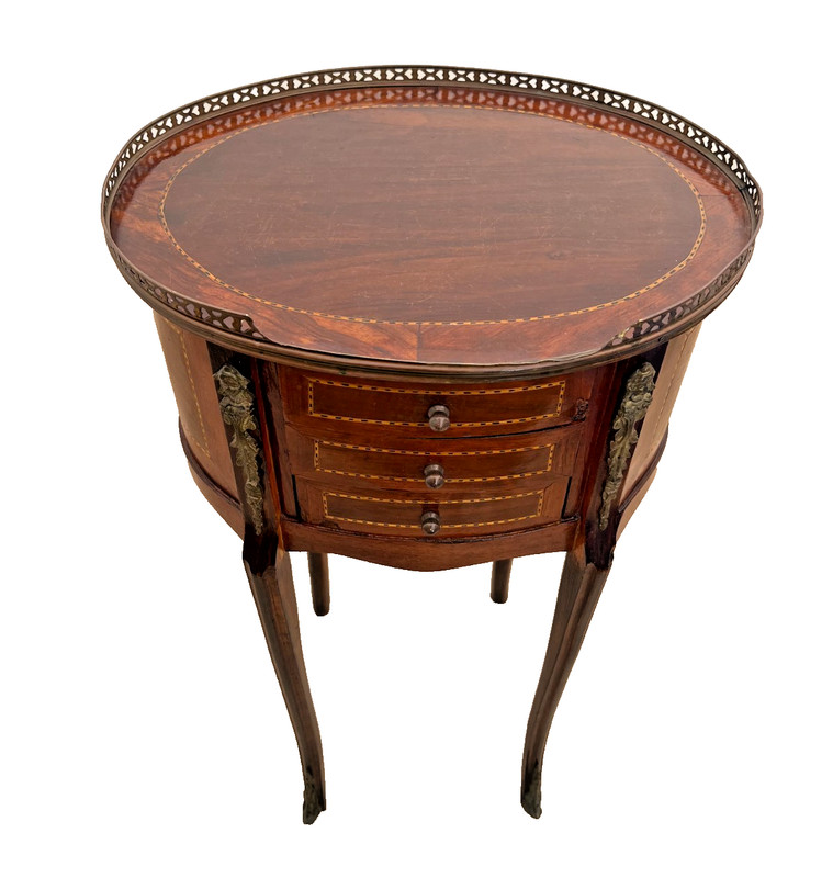 Oval accent Table Nightstand Three Drawers, Inlays, Brass Accents French style gallery