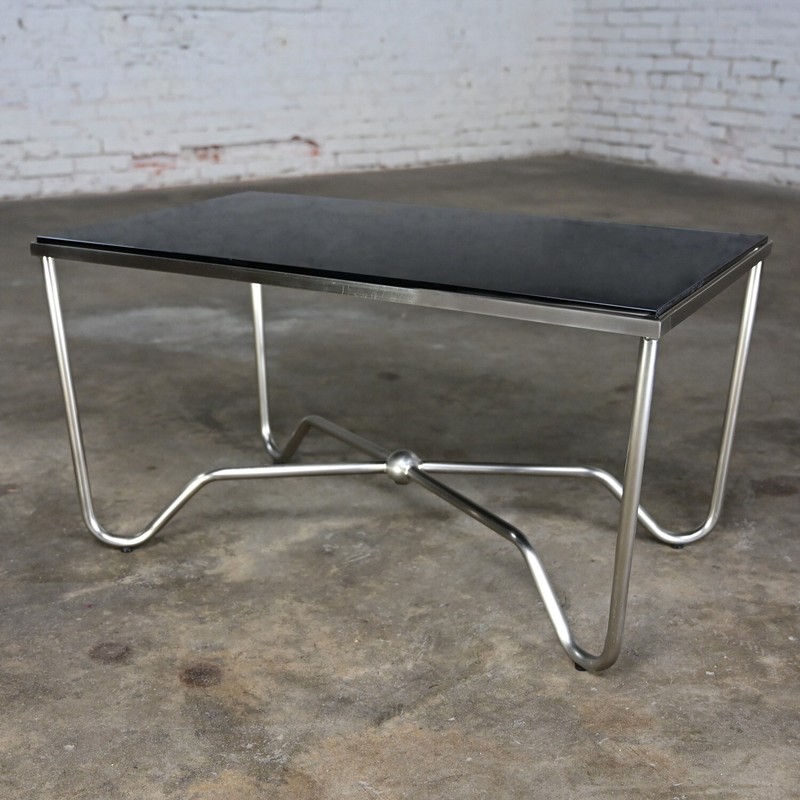 Late 20th Century Modern Brushed Steel Tube Coffee Table with Removeable Black G gallery