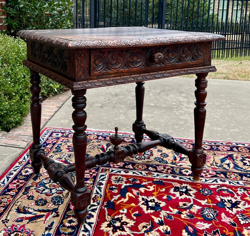 Antique French Desk Writing Table Nightstand PETITE Drawer Carved Oak c. 1900 gallery