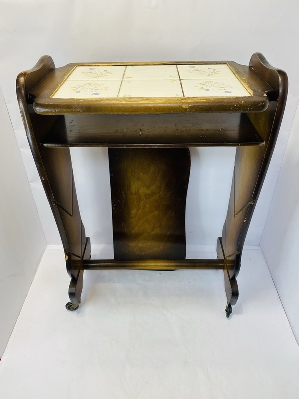VINTAGE ELEGANT WOODEN SIDE TABLE WITH TILED TOP GERMANY 1960S RARE VERY NICE gallery
