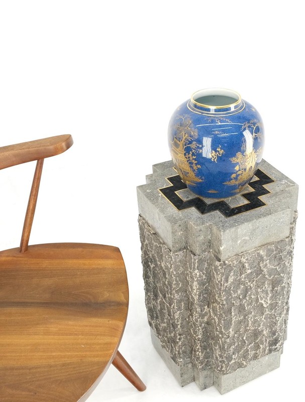 Tessellated Stone Brass Inlay Square Pedestal Stand End Table Black & Grey Mint gallery