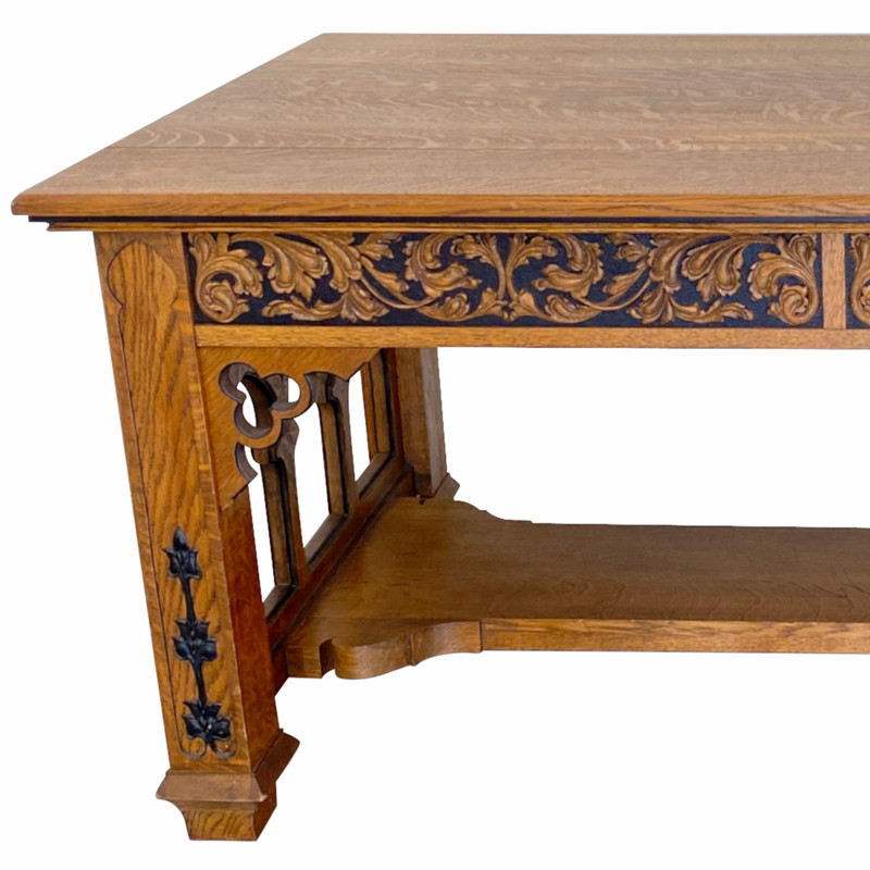 19th C. Gothic Revival Library Table, Carved Drawers, c.1880 gallery