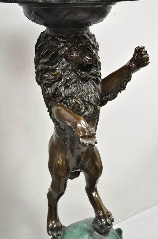 Regency Style Bronze Lion Figure Marble Top Pedestal Table after P.J Mene, Pair gallery