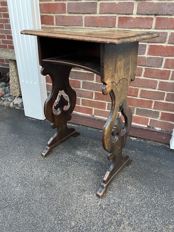vintage wood Table Desk With Lyre trestle Legs 29”x19”x13”