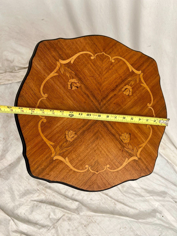 Antique French Square Table Entry Stand Floral Hand cut Inlays and fret work gallery