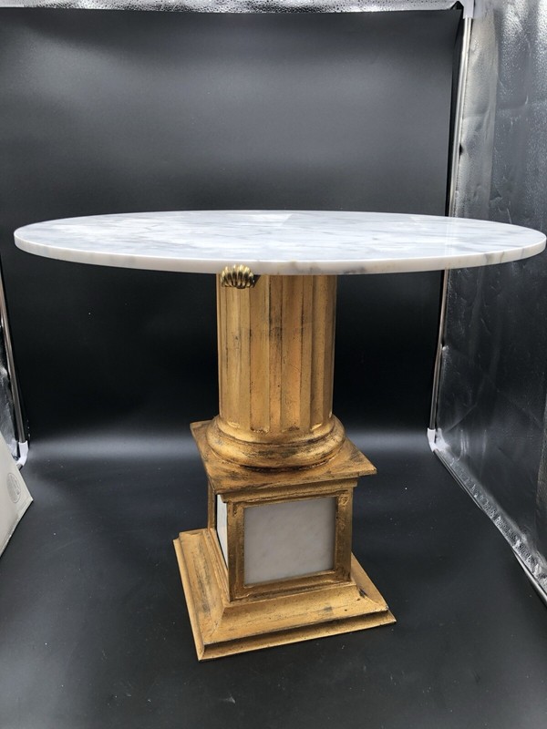 Palladio Antique Italian Side Table Round Faux Marble Top Gilt Metal Column 30s gallery