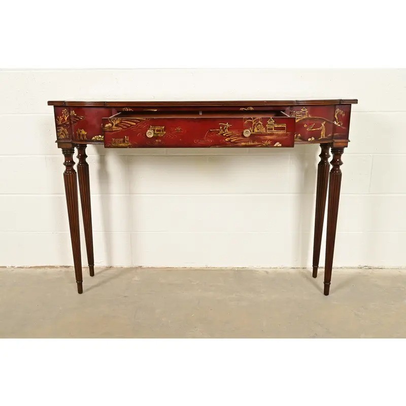 Maitland Smith English Regency Hand-Painted Red Lacquered Console Table gallery