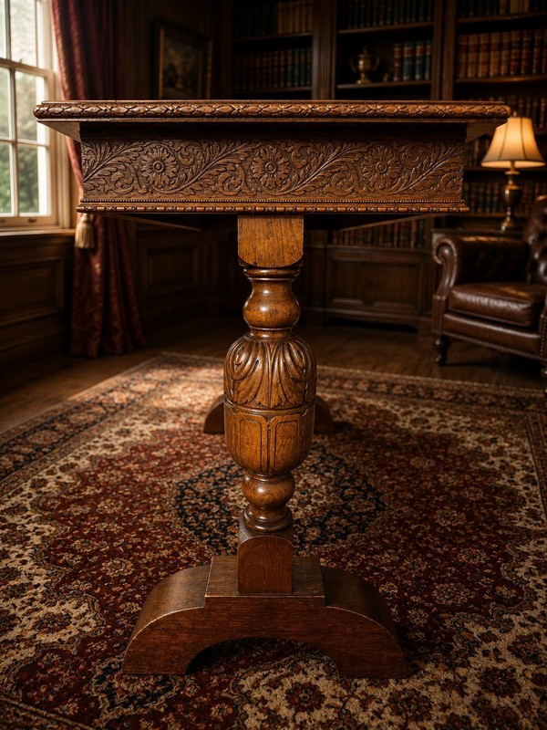 RARE Antique Hand Carved Oak Refectory / Centre Table With Memorial Plaque gallery