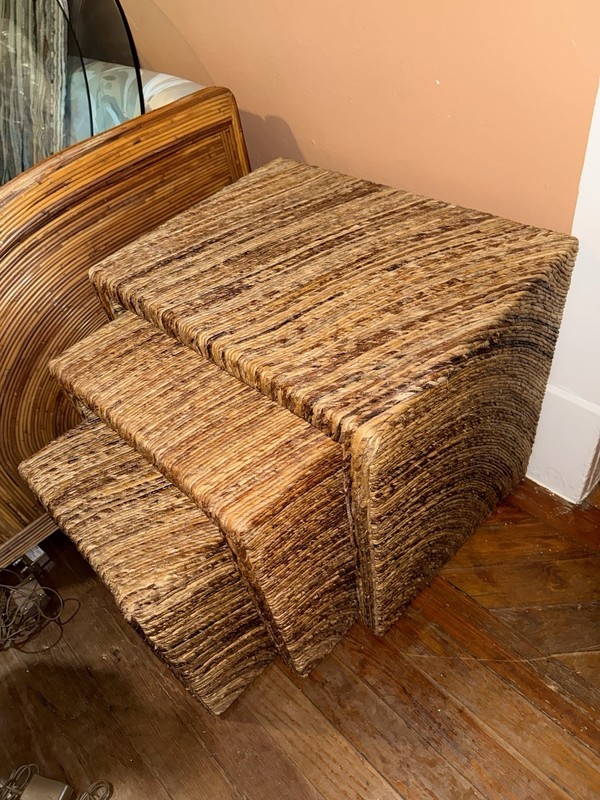 3 Vintage Woven Wicker Rattan Nesting Tables Mid Century Hollywood Regency Boho gallery