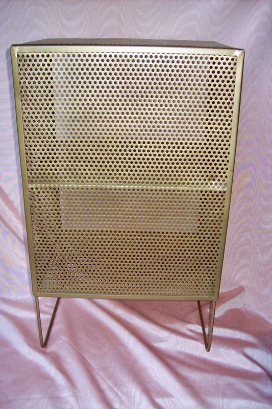 MID CENTURY MODERN PERFORATED HOLES GOLDTONE METAL END TABLE STAND w/ 2 SHELVES gallery