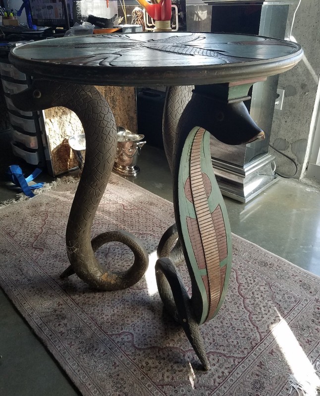 AMAZING ANTIQUE CARVED BLACK FOREST GERMAN PAINTED WOOD SERPENT / SNAKE TABLE gallery