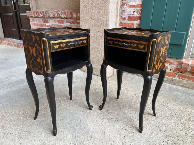PAIR French Bedside Cabinets Chinoiserie Butterfly Gilt Lacquer Tables gallery