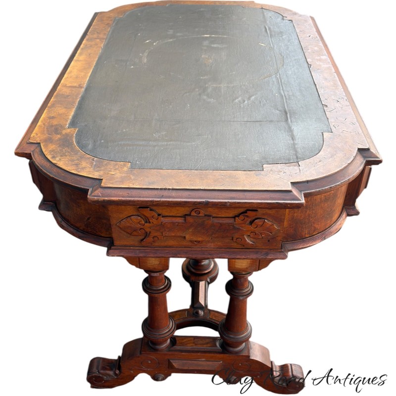 Antique Burl walnut victorian library table writing stand renaissance revival gallery